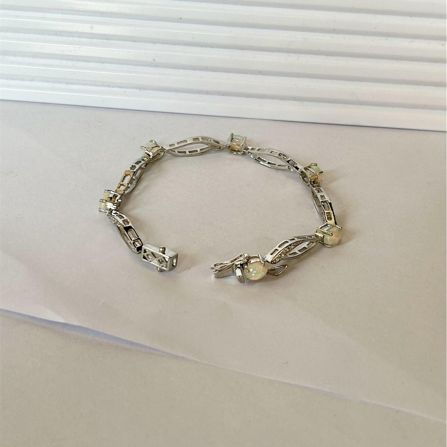 Elegant Sterling Silver Opal & Cubic Zirconia Marquise-Link Bracelet