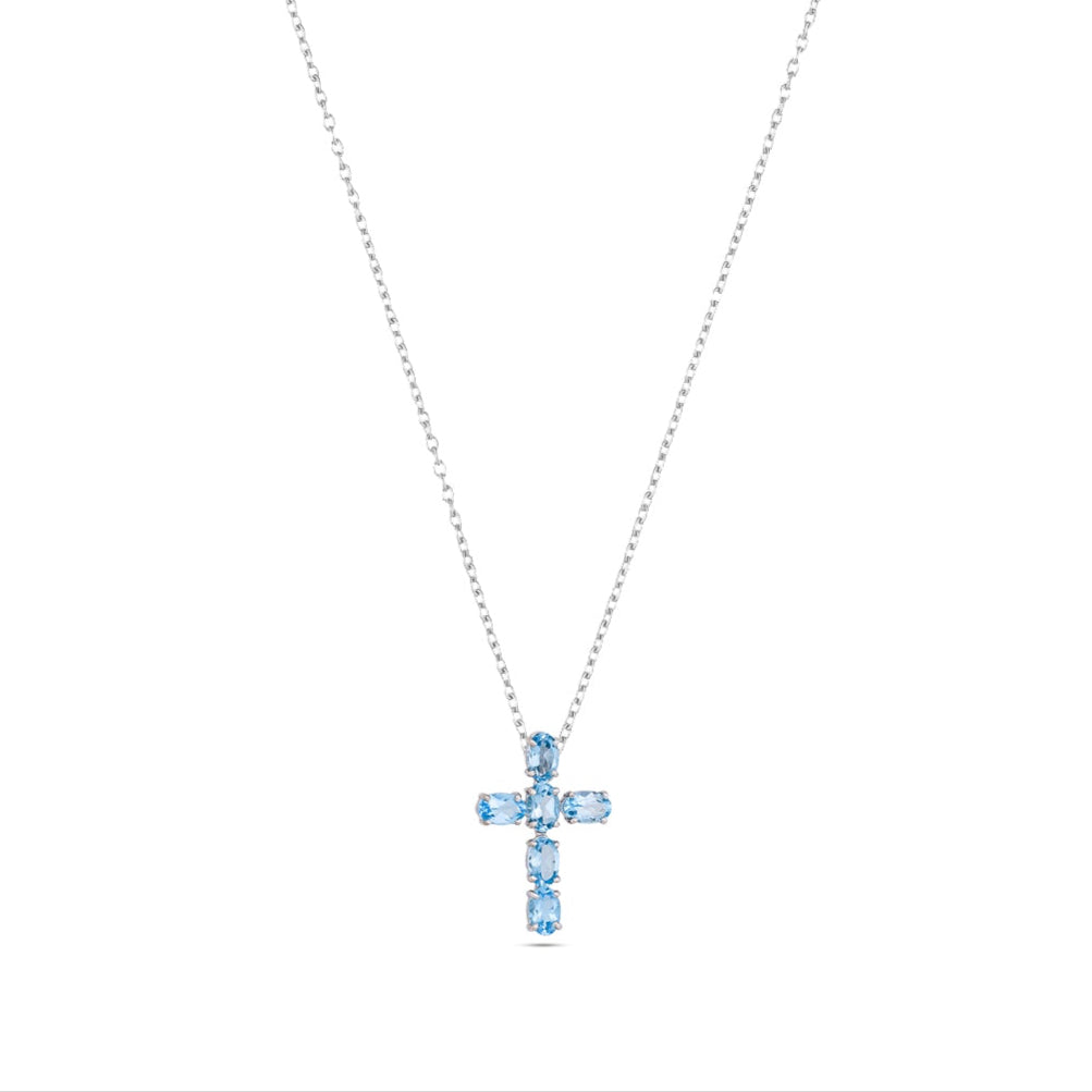 Classic Cross Silver Pendant - Green Onyx / Blue Topaz