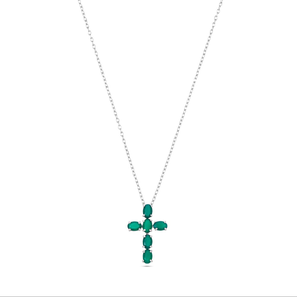 Classic Cross Silver Pendant - Green Onyx / Blue Topaz