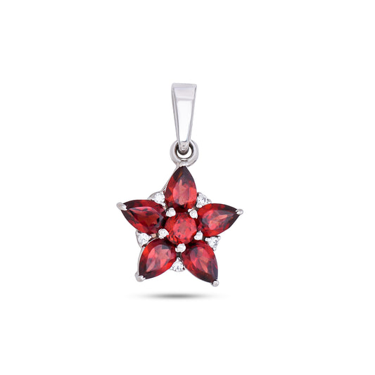 925 Sterling Silver Floral Pendant with Red Garnet / Blue Topaz & CZ Accents – Elegant Flower Design for Women