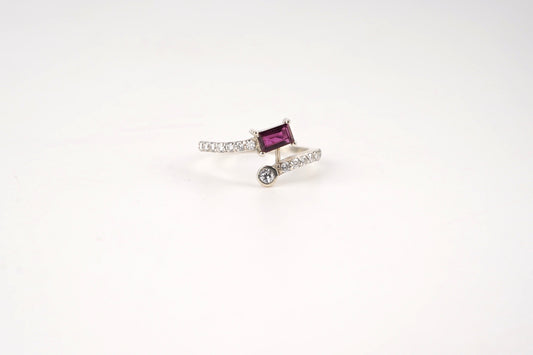 Sterling Silver Open Band Ring with Baguette-Cut Pink Tourmaline & CZ Accents – Adjustable Statement or Promise Ring for Women