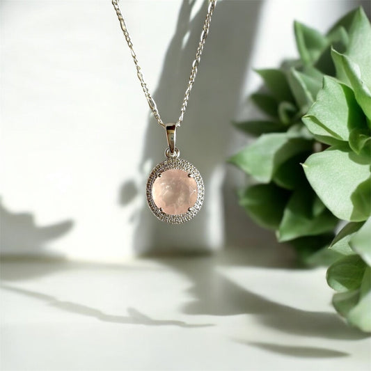 Rose Quartz Pendant Necklace in Sterling Silver – Round Cut with Vintage Halo Design