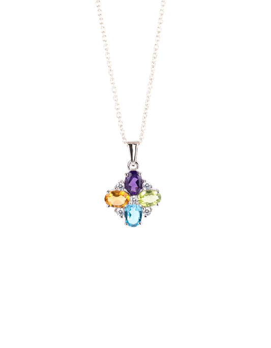 Multigemstone Floral Pendant in Sterling Silver – Amethyst, Citrine, Peridot & Blue Topaz