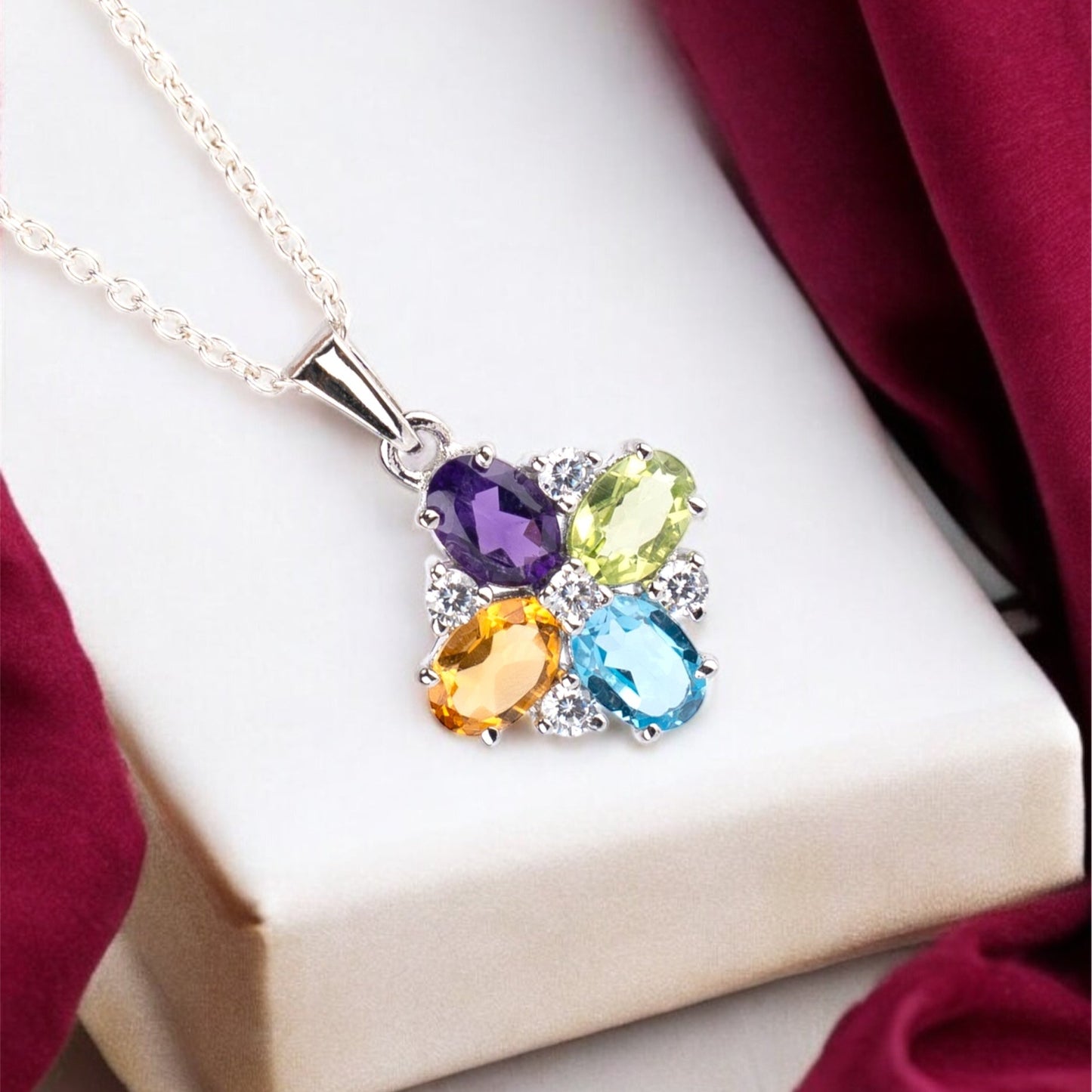 Multigemstone Floral Pendant in Sterling Silver – Amethyst, Citrine, Peridot & Blue Topaz