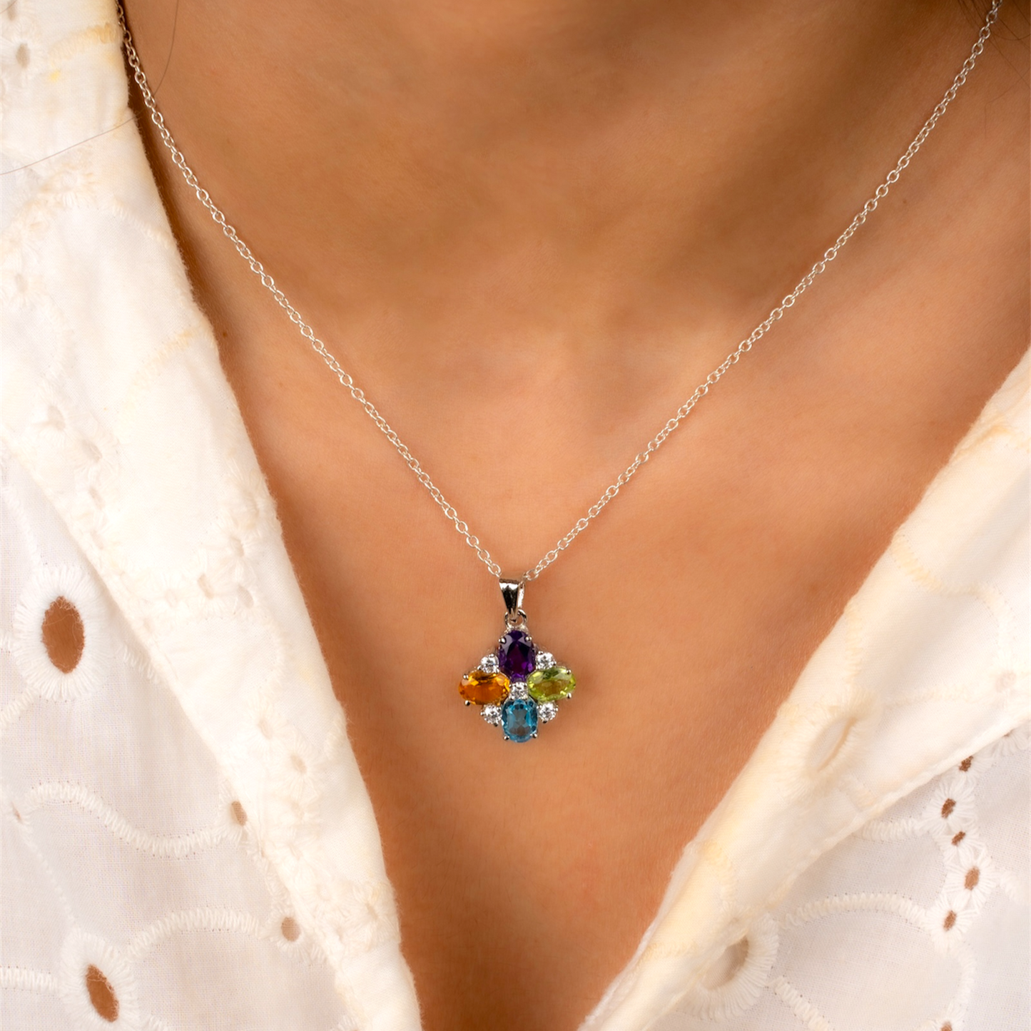 Multigemstone Floral Pendant in Sterling Silver – Amethyst, Citrine, Peridot & Blue Topaz