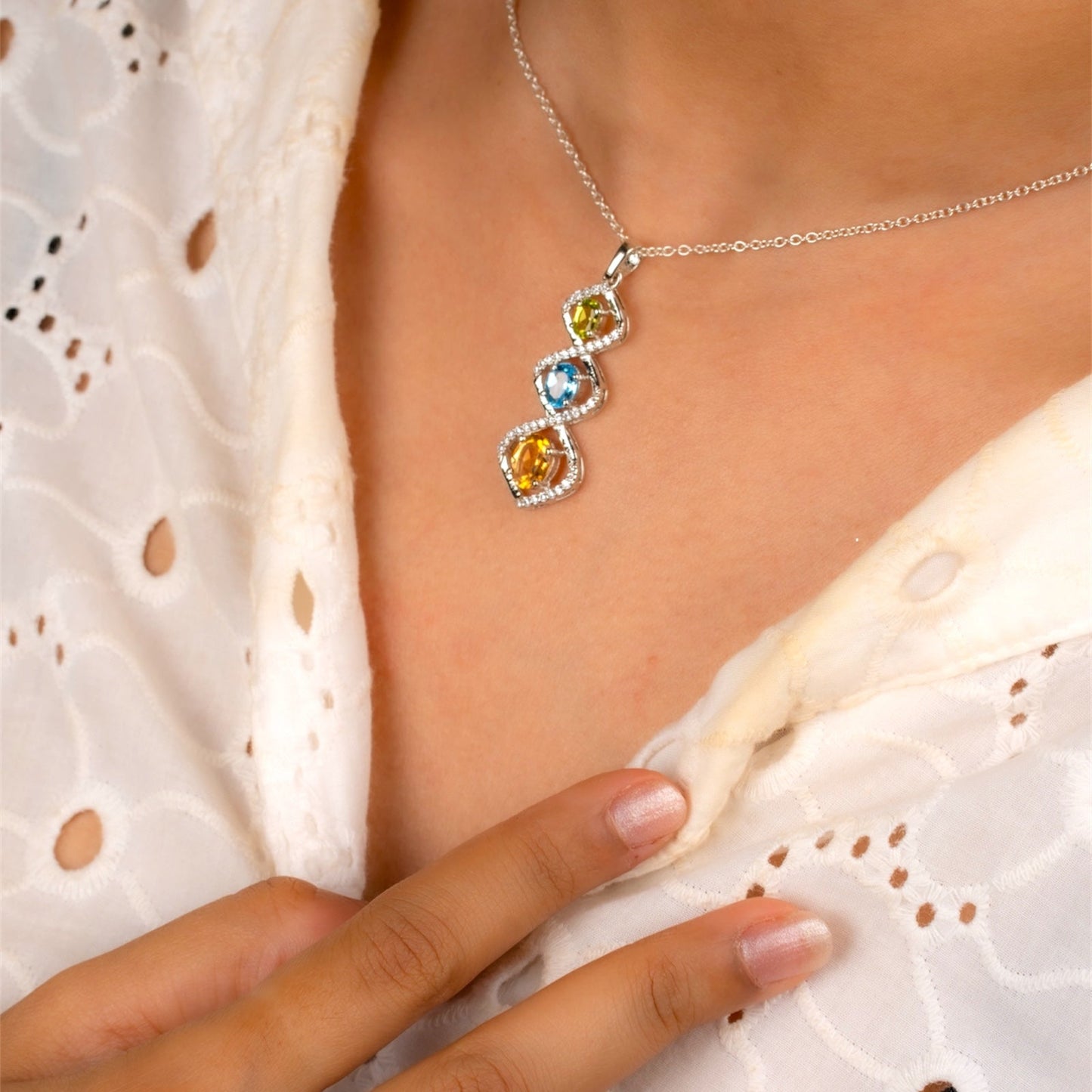 Trio Harmony Pendant – Citrine, Blue Topaz & Peridot Elegance
