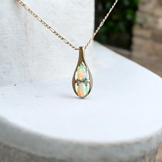 Sterling Silver Twin Opal Pendant Necklace – Elegant Teardrop Design with Sparkling Accents