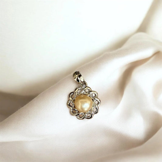 Golden Pearl Pendant Necklace in Sterling Silver – Elegant Spiral Floral Design