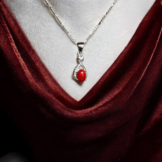 Elegant Silver Red Coral Pendant Necklace – Teardrop Design with Sparkling Accents