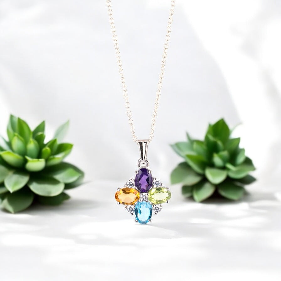 Multigemstone Floral Pendant in Sterling Silver – Amethyst, Citrine, Peridot & Blue Topaz