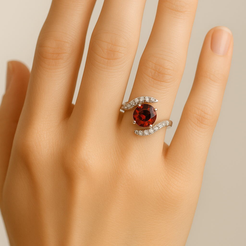 Garnet & Zircon Swirl Ring in Sterling Silver | Promise ring for her | Anniversary Gift | Red Gemstone Ring