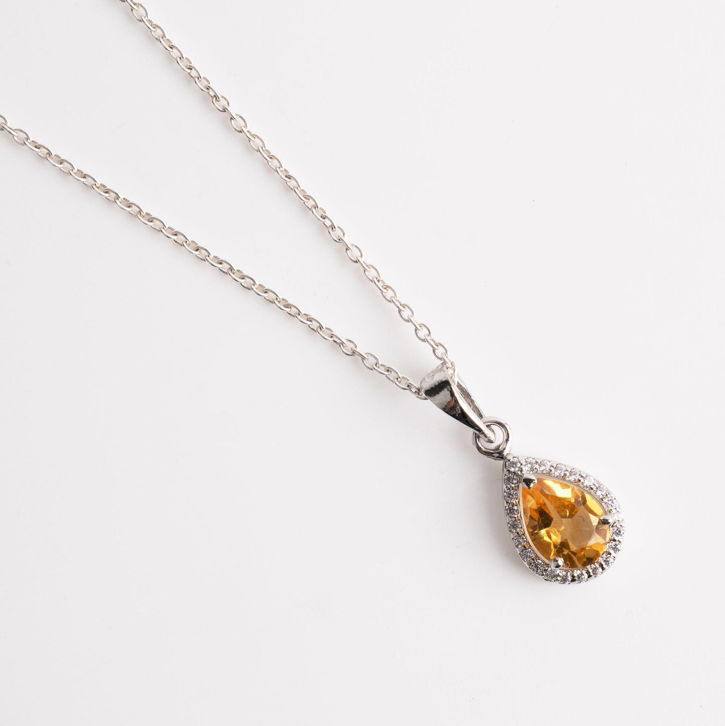 Sterling Silver Pear-Shaped Citrine Pendant Necklace with CZ Halo – Birthstone Jewelry Gift for Her