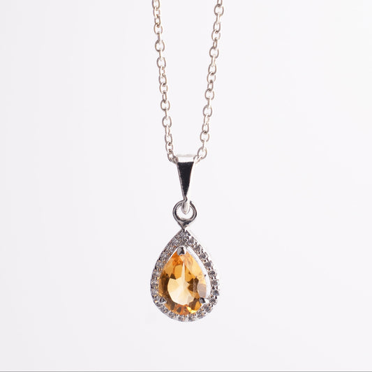 Sterling Silver Pear-Shaped Citrine Pendant Necklace with CZ Halo – Birthstone Jewelry Gift for Her
