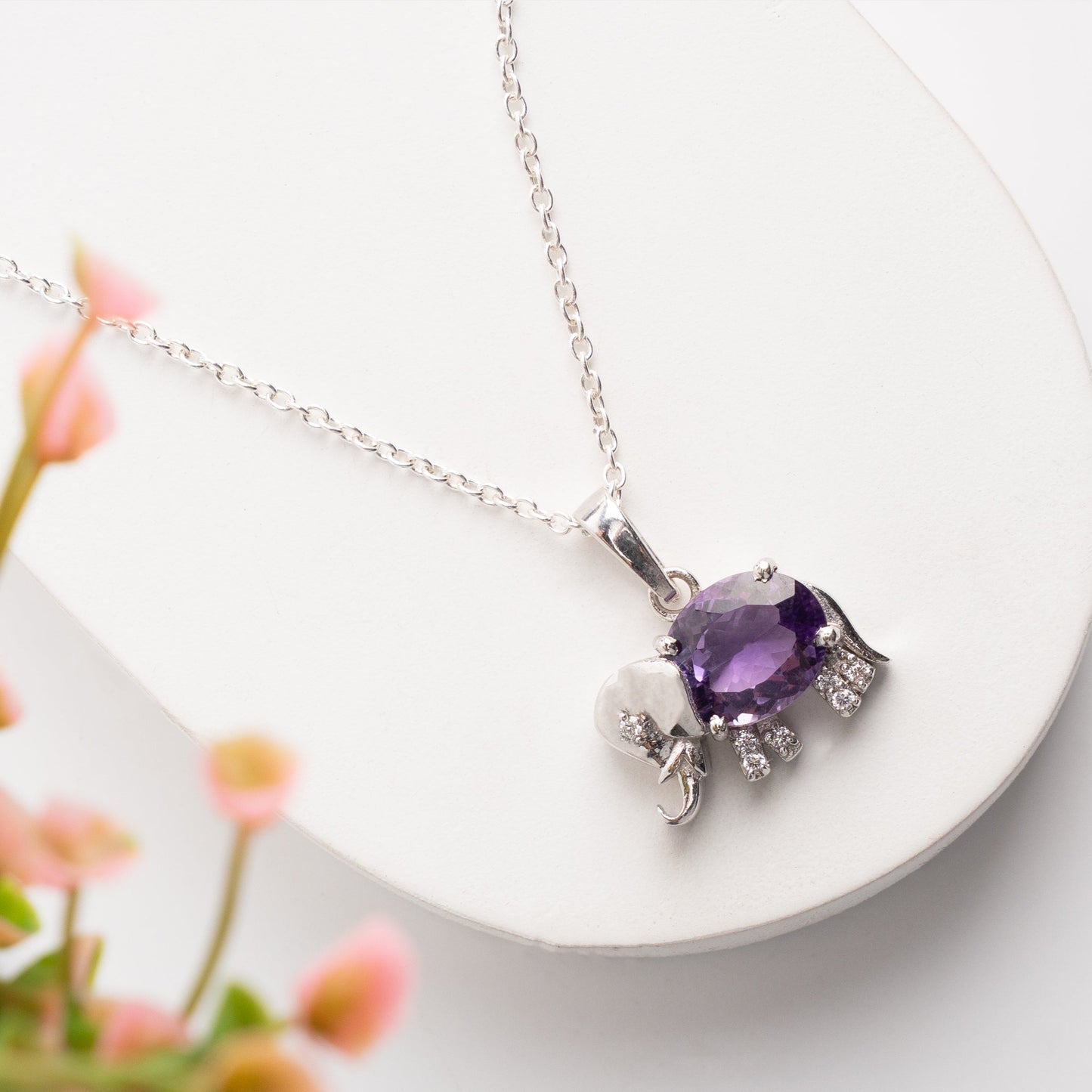 Sterling Silver Elephant Pendant with Amethyst / Black Onyx Gemstone – Lucky Charm Necklace