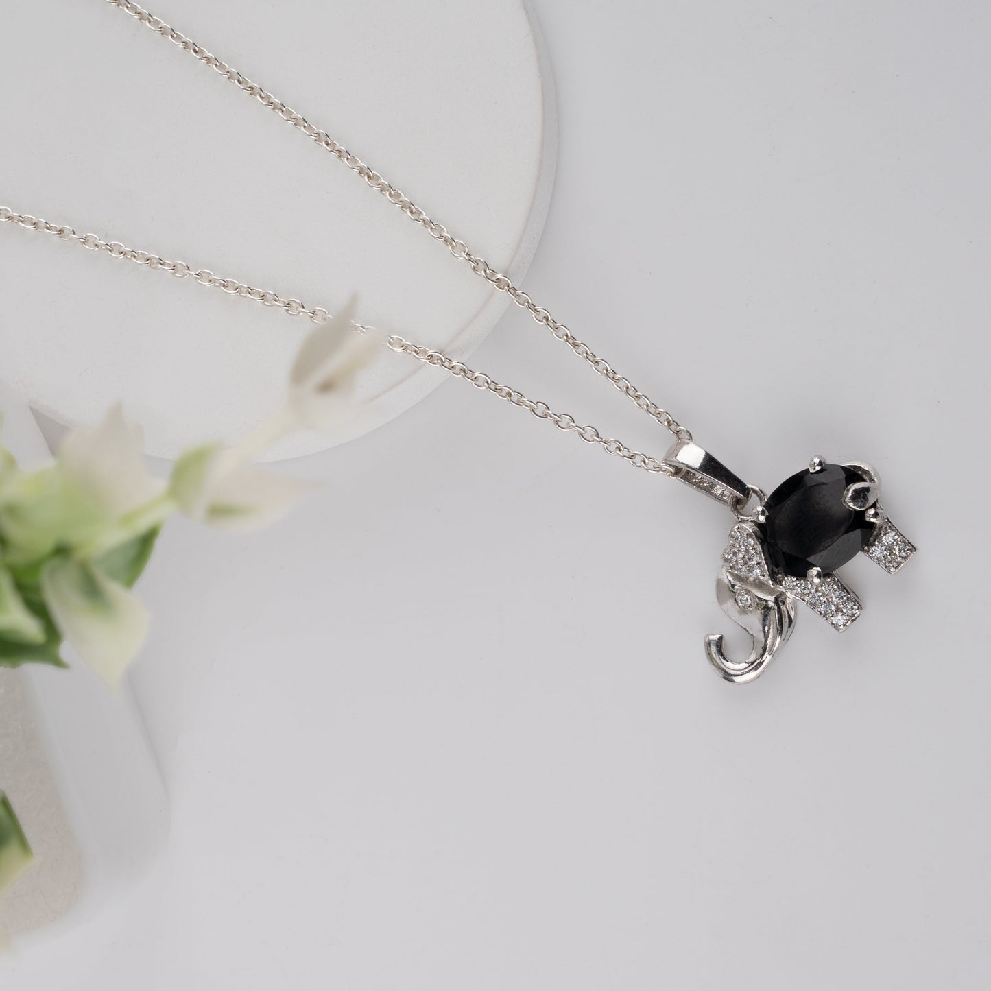 Sterling Silver Elephant Pendant with Amethyst / Black Onyx Gemstone – Lucky Charm Necklace