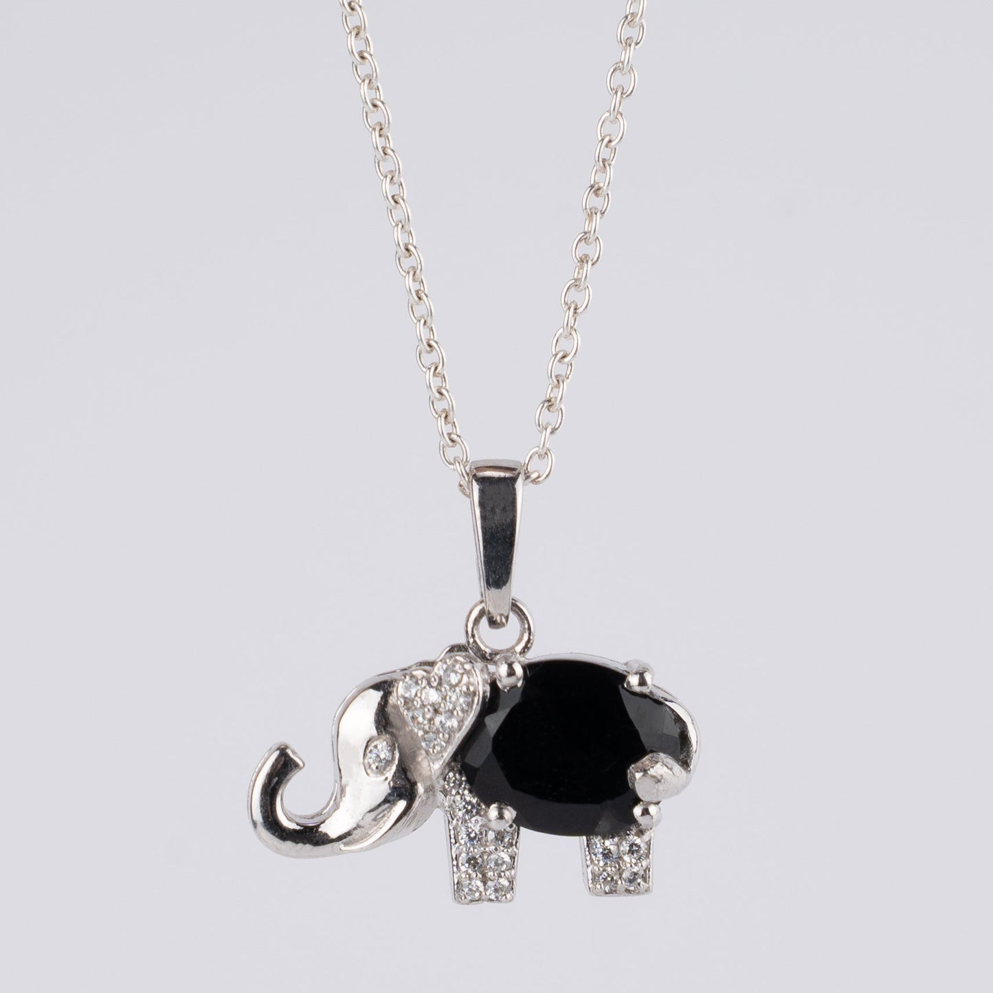 Sterling Silver Elephant Pendant with Amethyst / Black Onyx Gemstone – Lucky Charm Necklace