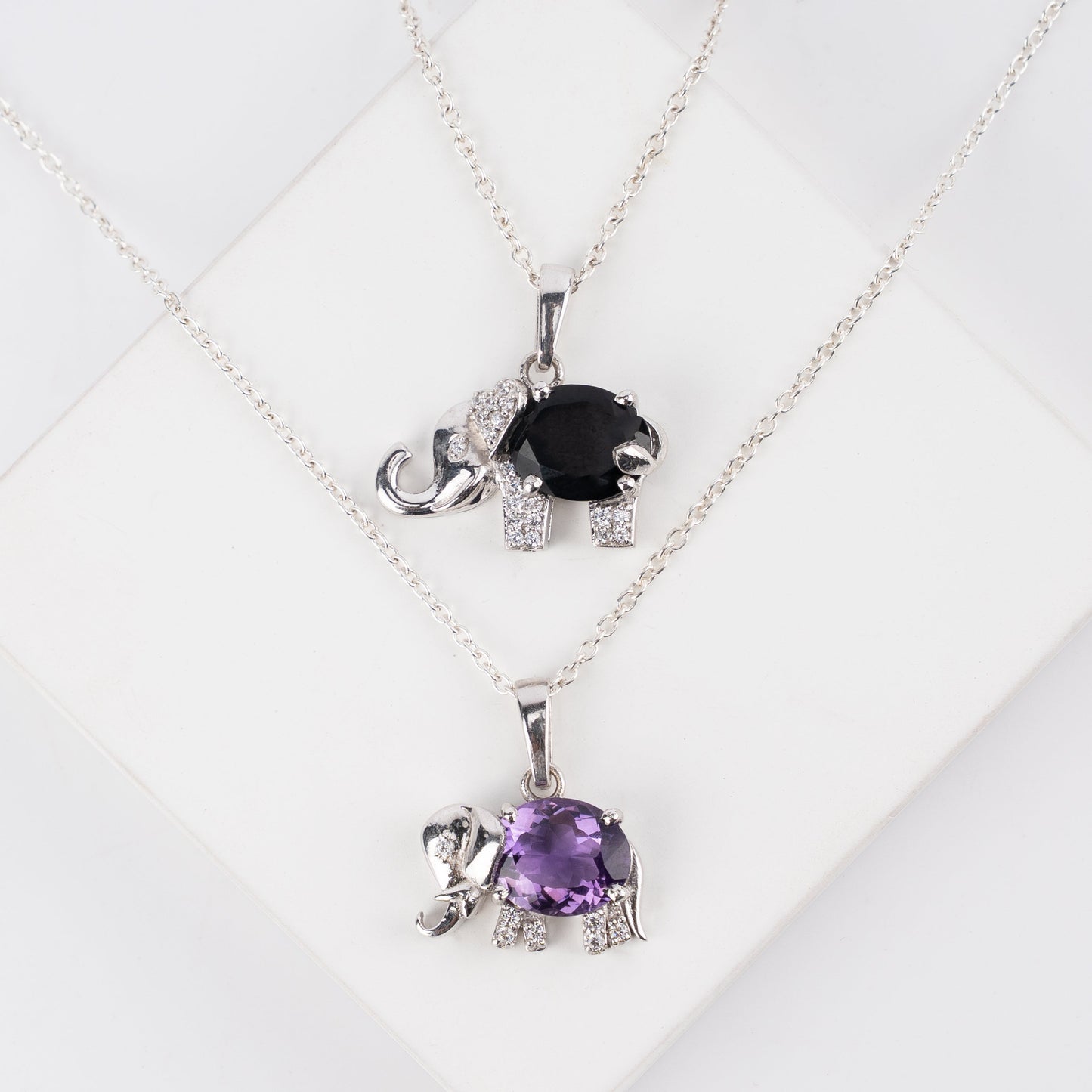 Sterling Silver Elephant Pendant with Amethyst / Black Onyx Gemstone – Lucky Charm Necklace