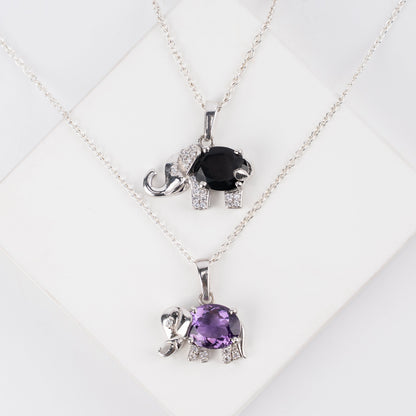 Sterling Silver Elephant Pendant with Amethyst / Black Onyx Gemstone – Lucky Charm Necklace