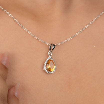 Sterling Silver Pear-Shaped Citrine Pendant Necklace with CZ Halo – Birthstone Jewelry Gift for Her