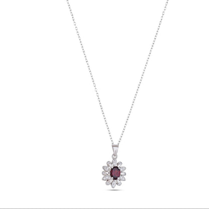 925 Sterling Silver Floral Pendant with Oval Garnet & CZ Accents – Elegant Flower Design Jewelry for Women