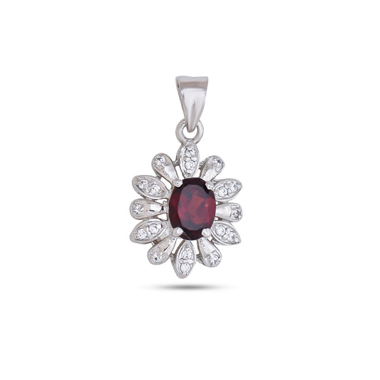925 Sterling Silver Floral Pendant with Oval Garnet & CZ Accents – Elegant Flower Design Jewelry for Women