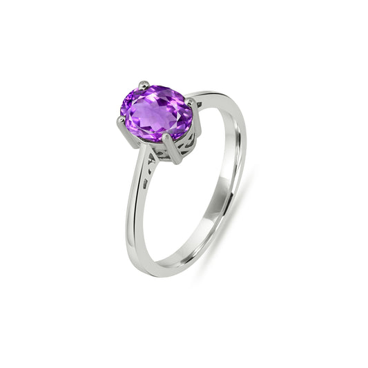 Amethyst Oval Cut Silver Ring – 925 Sterling Silver, Oval Purple Gemstone, Dainty White Zircon Accents, Elegant Women’s Birthstone Jewelry