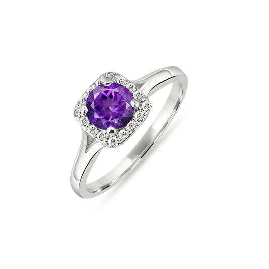 Trendy Amethyst Halo Ring – Sterling Silver Purple Gemstone Statement Jewelry