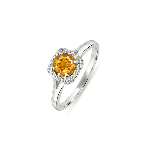 Citrine Halo Ring – Sterling Silver Yellow Gemstone Statement Ring for Women
