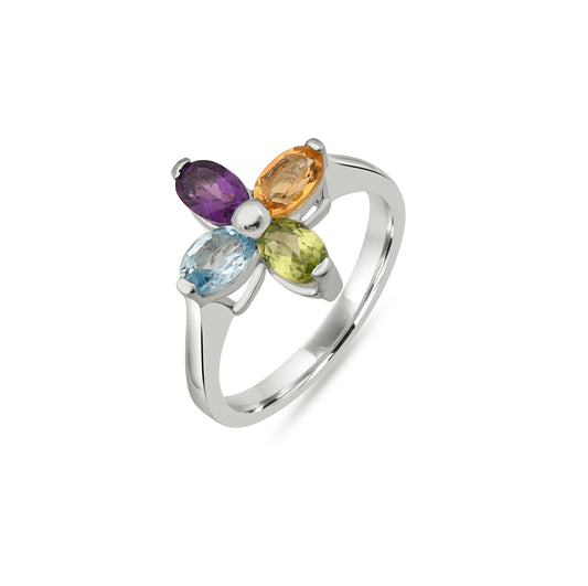 Sterling Silver Four Birthstone Ring - Personalized Multi-Color Gemstone Ring, Custom Mother’s Jewelry
