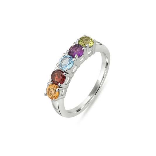Sterling Silver Five Birthstone Ring – Personalized Family Gemstone Band, Custom Mother’s Jewelry Gift for Women