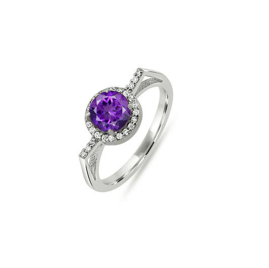 Radiant Amethyst Zircon Halo Ring – Sparkling Sterling Silver Elegance for Women