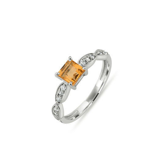 Princess Cut Citrine Zircon Ring – Elegant Sterling Silver Marquise Accent Gemstone Jewelry