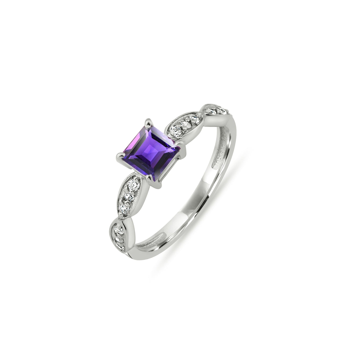 Princess Cut Amethyst Zircon Ring – Sterling Silver Marquise Accent Purple Gemstone Jewelry