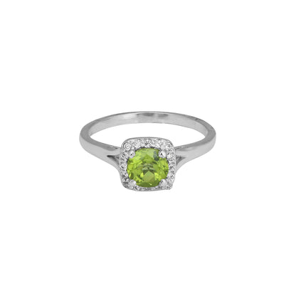 Chic Peridot Halo Ring – Sterling Silver Yellow Green Gemstone Statement Jewelry