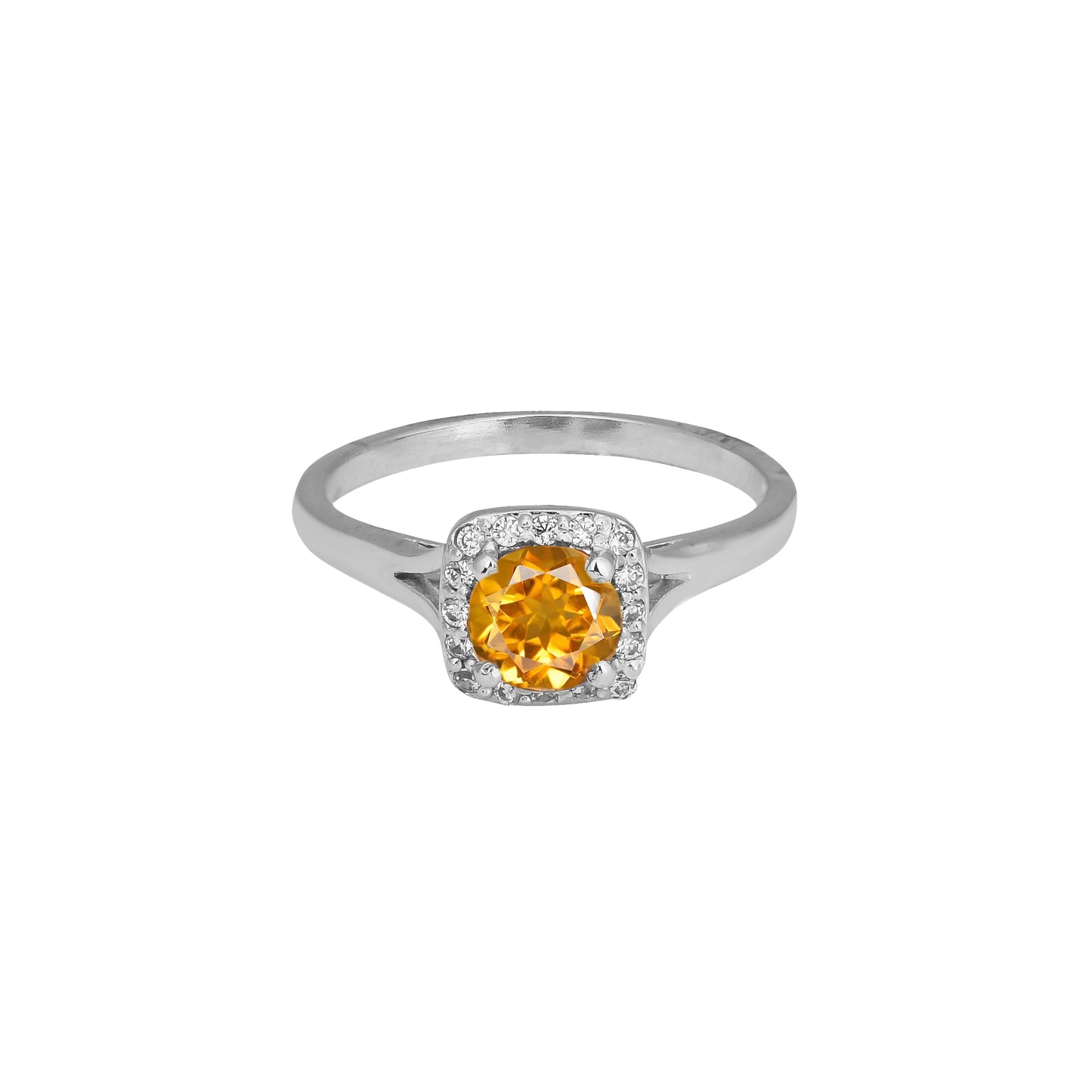 Citrine Halo Ring – Sterling Silver Yellow Gemstone Statement Ring for Women