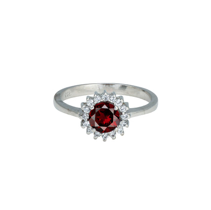 Classic Red Zircon Flower Halo Ring – Sterling Silver Vintage-Inspired Women’s Jewelry