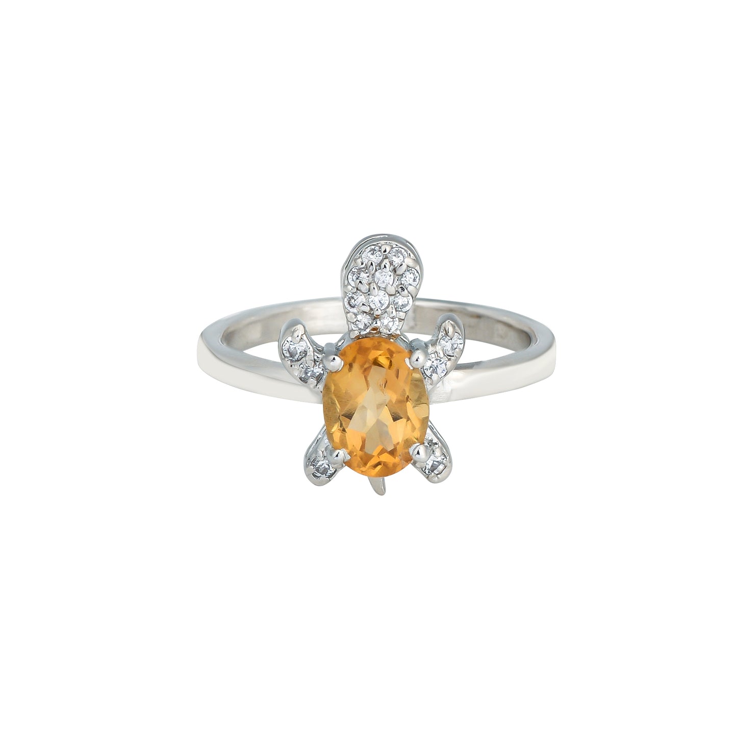 Sterling Silver Turtle Ring with Citirne Gemstone and Zircon Accents – Trendy 2025 Animal Jewelry for Women