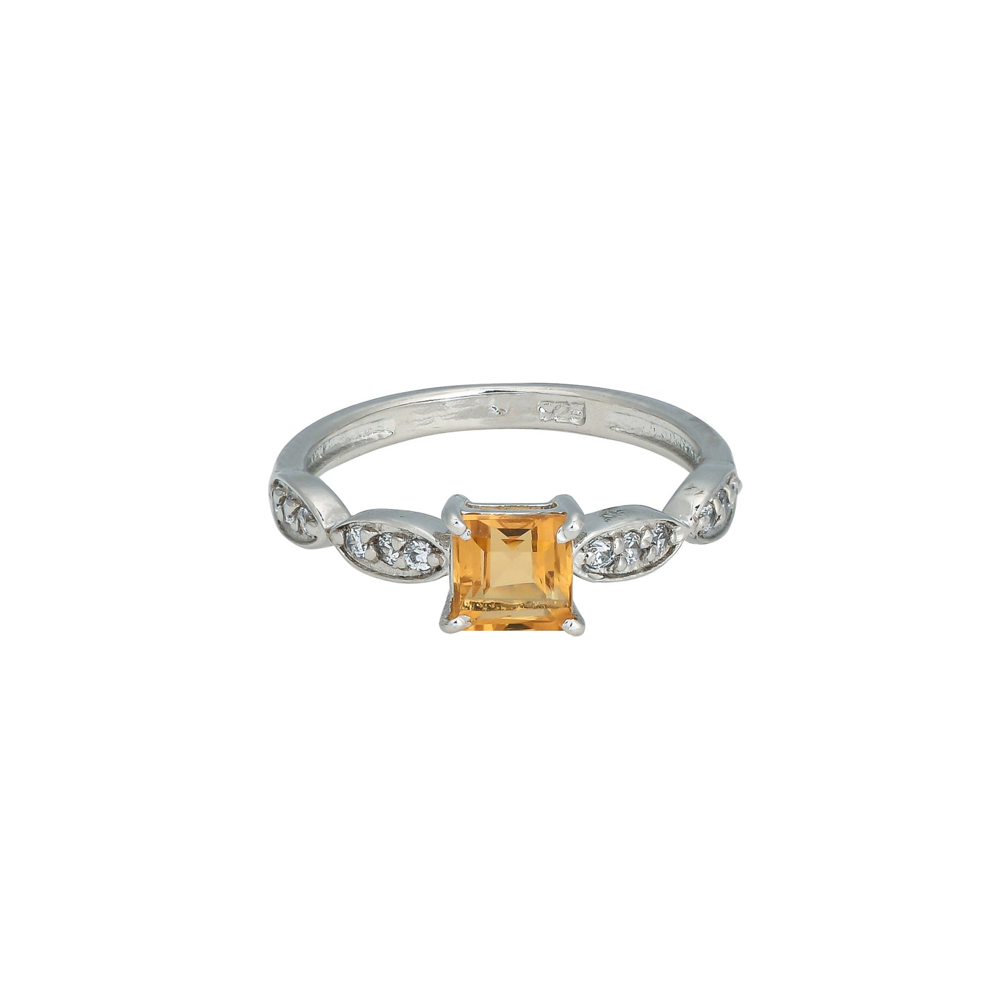 Princess Cut Citrine Zircon Ring – Elegant Sterling Silver Marquise Accent Gemstone Jewelry