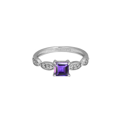 Princess Cut Amethyst Zircon Ring – Sterling Silver Marquise Accent Purple Gemstone Jewelry