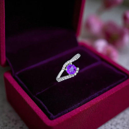 Sterling Silver Amethyst and Zircon Accent Asymmetric Bypass Ring – Modern 2025 Statement Ring for Women