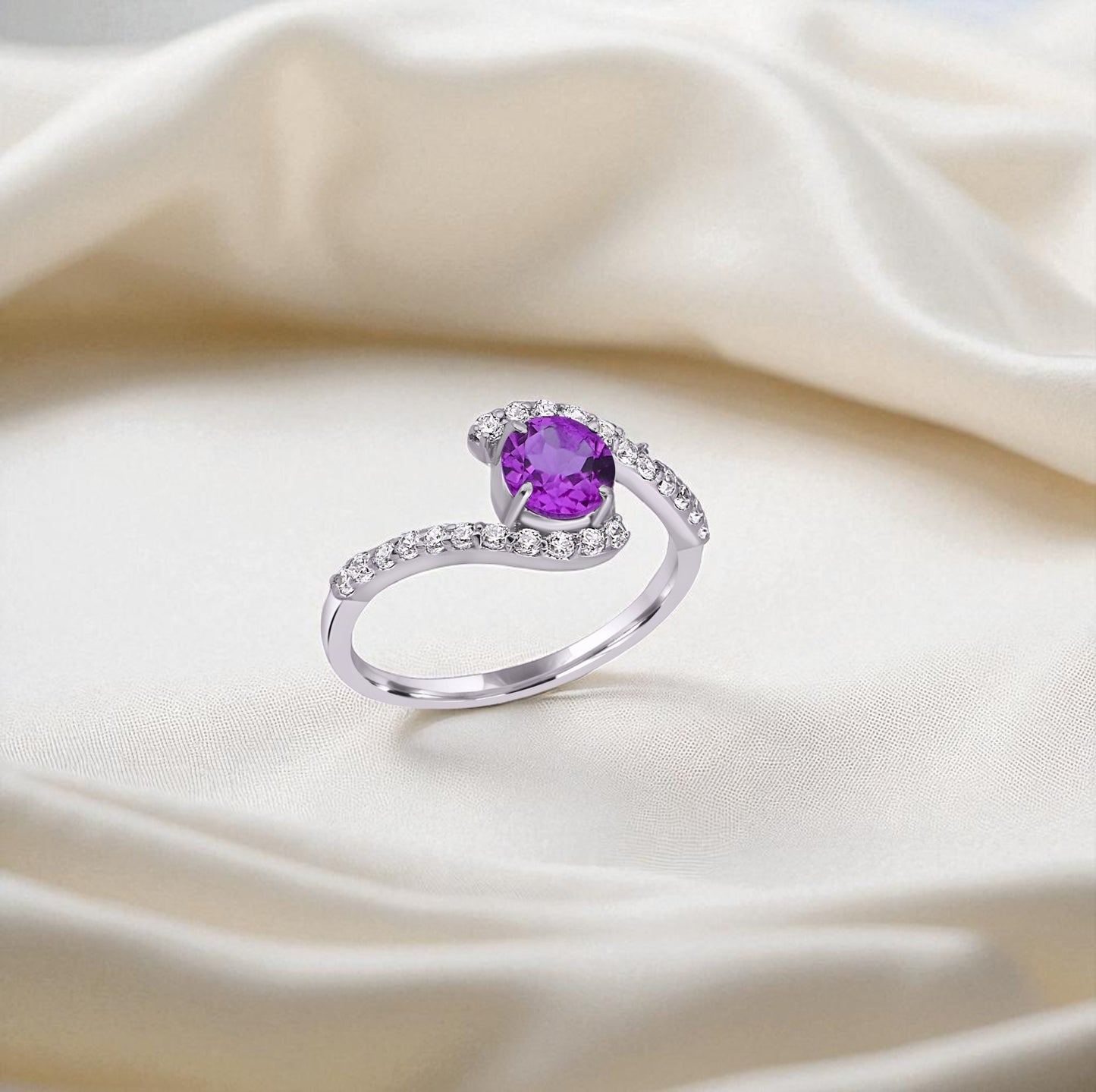Sterling Silver Amethyst and Zircon Accent Asymmetric Bypass Ring – Modern 2025 Statement Ring for Women