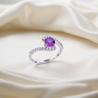 Sterling Silver Amethyst and Zircon Accent Asymmetric Bypass Ring – Modern 2025 Statement Ring for Women