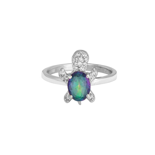 Sterling Silver Turtle Ring with Rainbow Mystic Zircon and Diamond Accents – Cute Animal Jewelry for Women 2025
