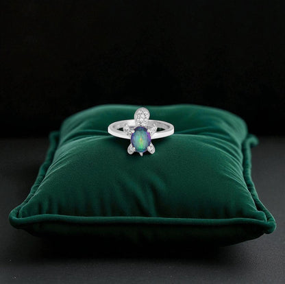 Sterling Silver Turtle Ring with Rainbow Mystic Zircon and Diamond Accents – Cute Animal Jewelry for Women 2025