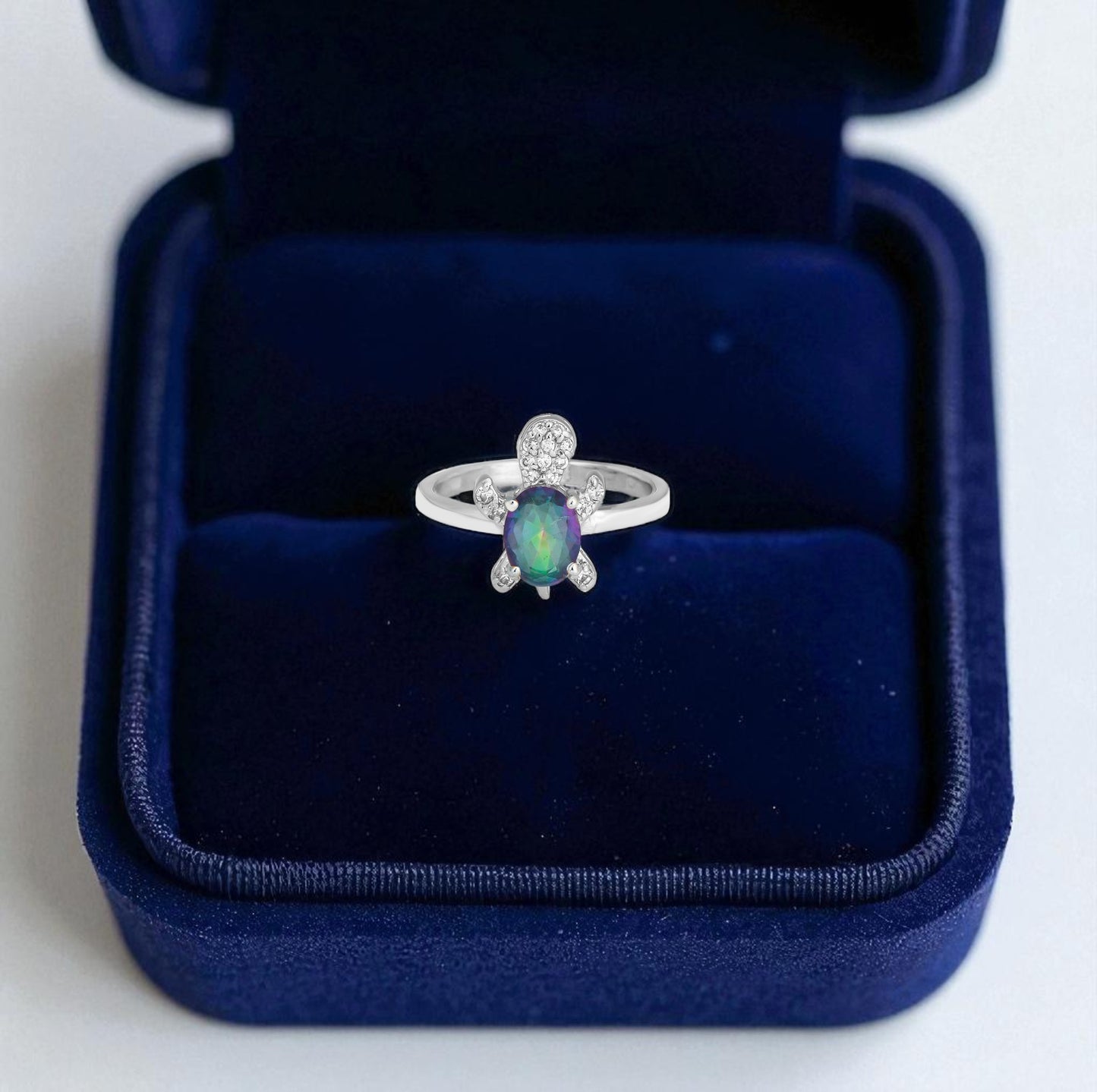 Sterling Silver Turtle Ring with Rainbow Mystic Zircon and Diamond Accents – Cute Animal Jewelry for Women 2025