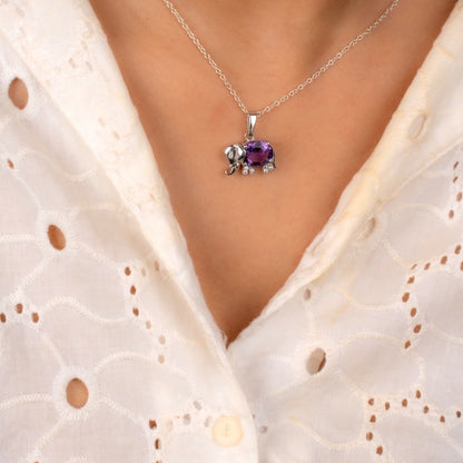 Sterling Silver Elephant Pendant with Amethyst / Black Onyx Gemstone – Lucky Charm Necklace