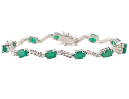 Elegant Silver Bracelet with Oval Green Onyx and Cubic Zirconia Accents
