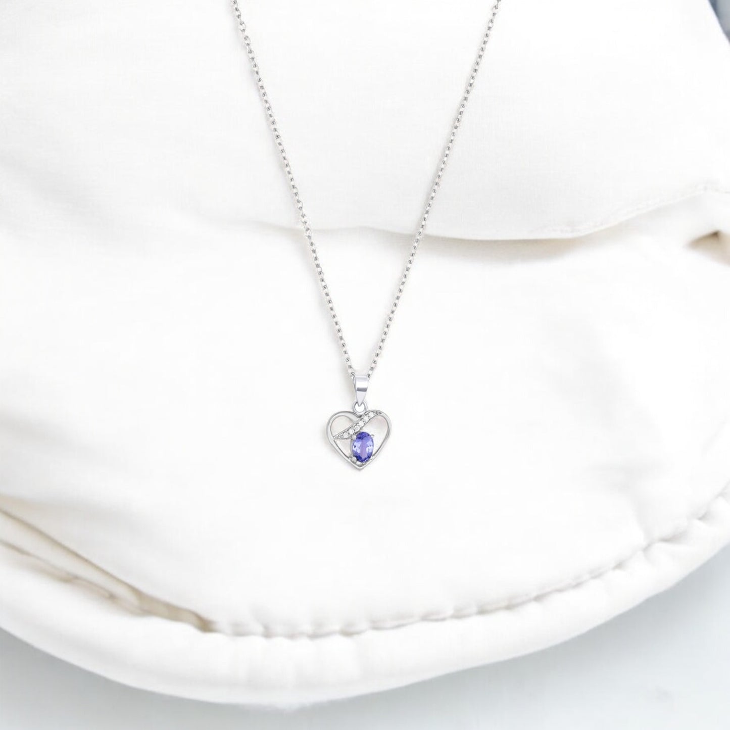 925 Sterling Silver Heart Necklace with Tanzanite & CZ – Elegant Pendant Chain for Women