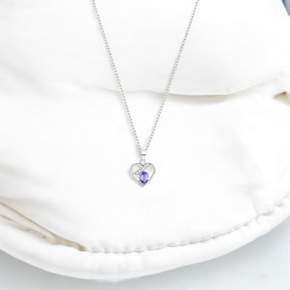 925 Sterling Silver Heart Necklace with Tanzanite & CZ – Elegant Pendant Chain for Women