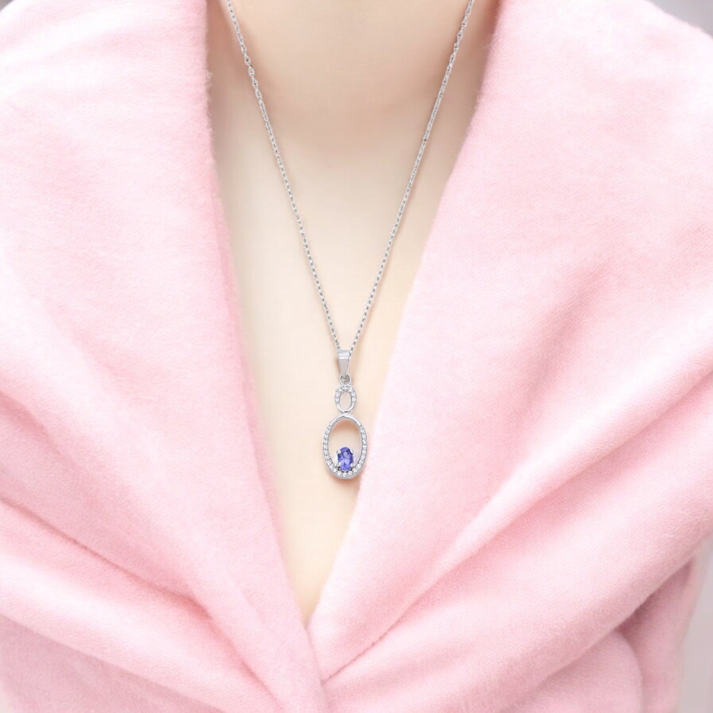 925 Sterling Silver Tanzanite Pendant with CZ Accents – Elegant Oval Design Gemstone Jewelry for Women